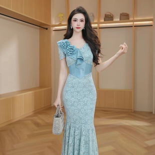 83049设计款 名媛走秀蓝色气质优雅拼接高级感名媛风显瘦连衣裙