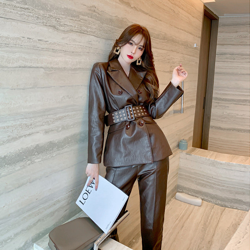 高级感PU皮衣西装外套小脚裤套装女2025新款秋冬季御姐气质两件套