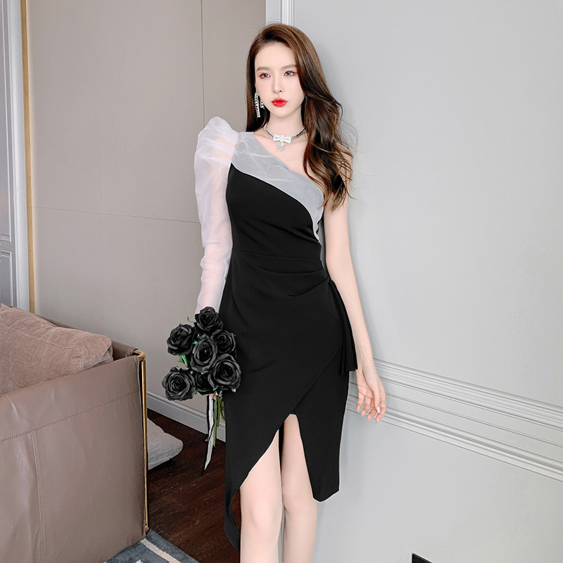 宴会气质泡泡袖礼服连衣裙女秋季小众设计感性感单肩包臀开叉裙子