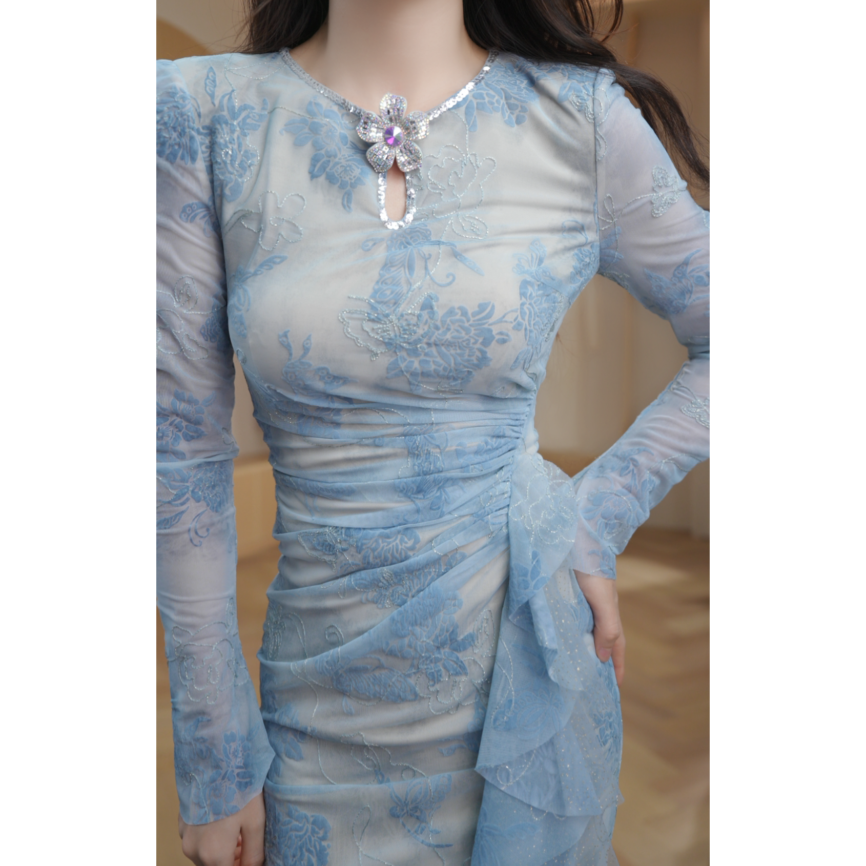 印花中长收腰提花连衣裙