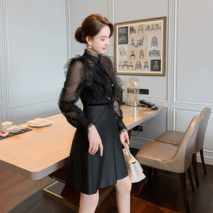 轻奢气质长袖 收腰小黑裙 立领蕾丝拼接连衣裙女初秋新款 5353法式