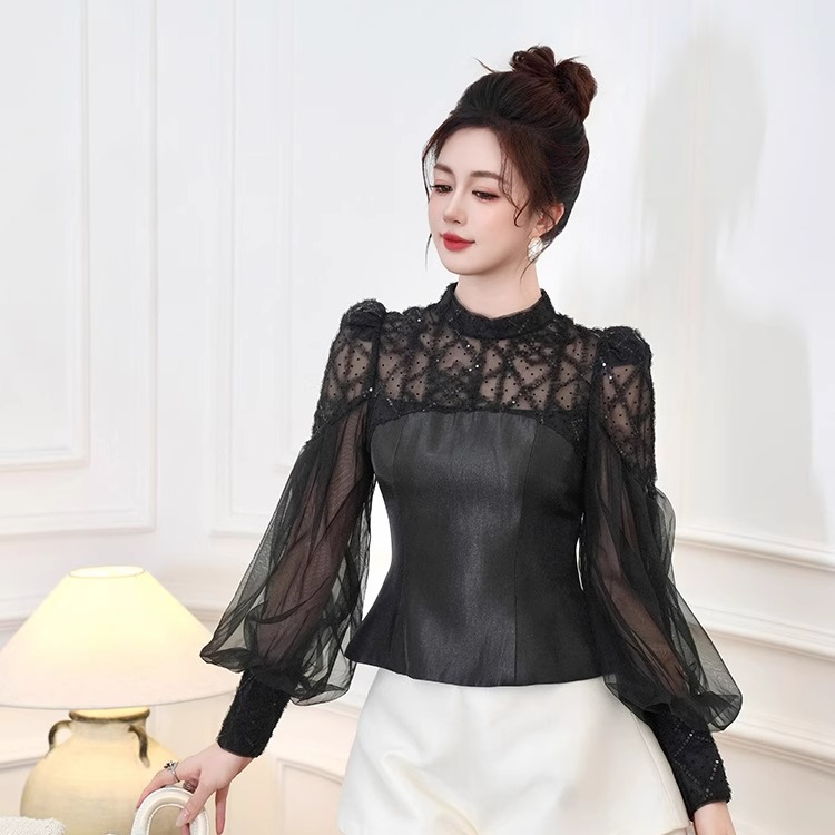 法式圆领网纱灯笼长袖拼接上衣