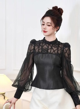 11693 秋冬新款法式圆领网纱灯笼长袖拼接上衣女收腰显瘦名媛小衫