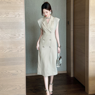 2024夏新款气质高级感通勤西装裙双排扣收腰压褶无袖连衣裙女神范