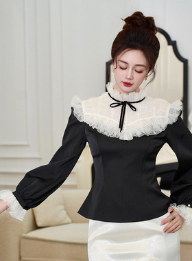 56015 法式蕾丝荷叶边拼接上衣女收腰显瘦蝴蝶结名媛风宫廷风衬衫