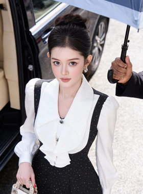 21974miu系气质荷叶边拼接收腰烫钻大摆黑色连衣裙财阀千金礼服裙