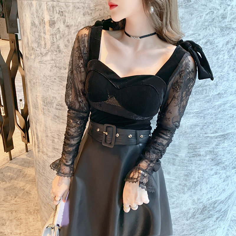 复古丝绒上衣女小香风宫廷蝴蝶结蕾丝灯笼袖T恤女内搭黑色打底衫