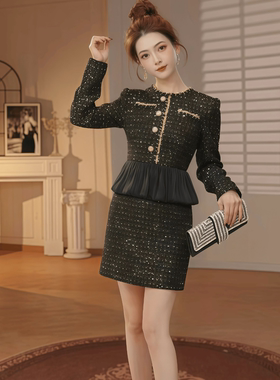 65576 小香风轻奢长袖亮片冬季黑色连衣裙高级感高端精致裙子
