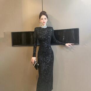 显瘦高级感气质连衣裙21542 复古黑色修身 新款 时尚