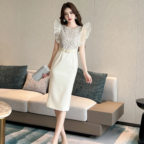飞飞袖连衣裙女夏2024新款亮片法式轻奢高级感气质名媛高端礼服裙