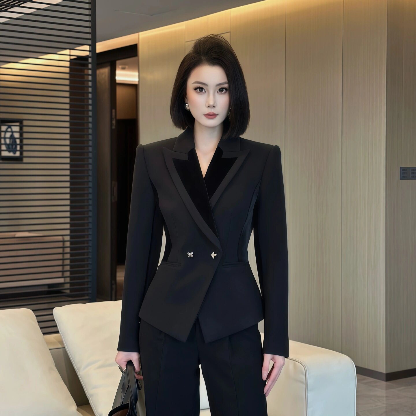 35438 翻领复古气质西装优雅高级感修身立领时尚西服外套上衣