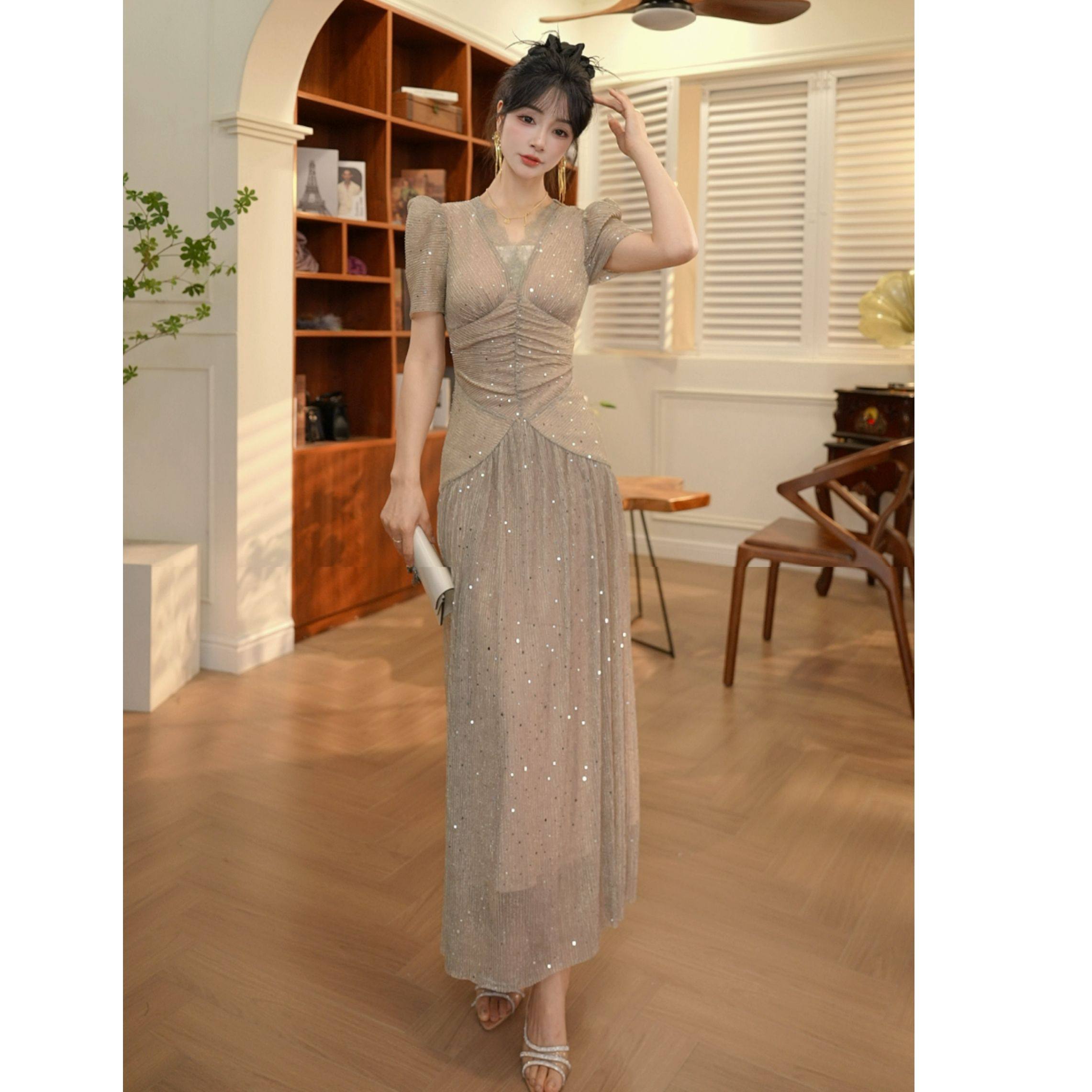 【JANE·简】新款气质名媛少女修身显瘦泡泡袖连衣裙夏21667