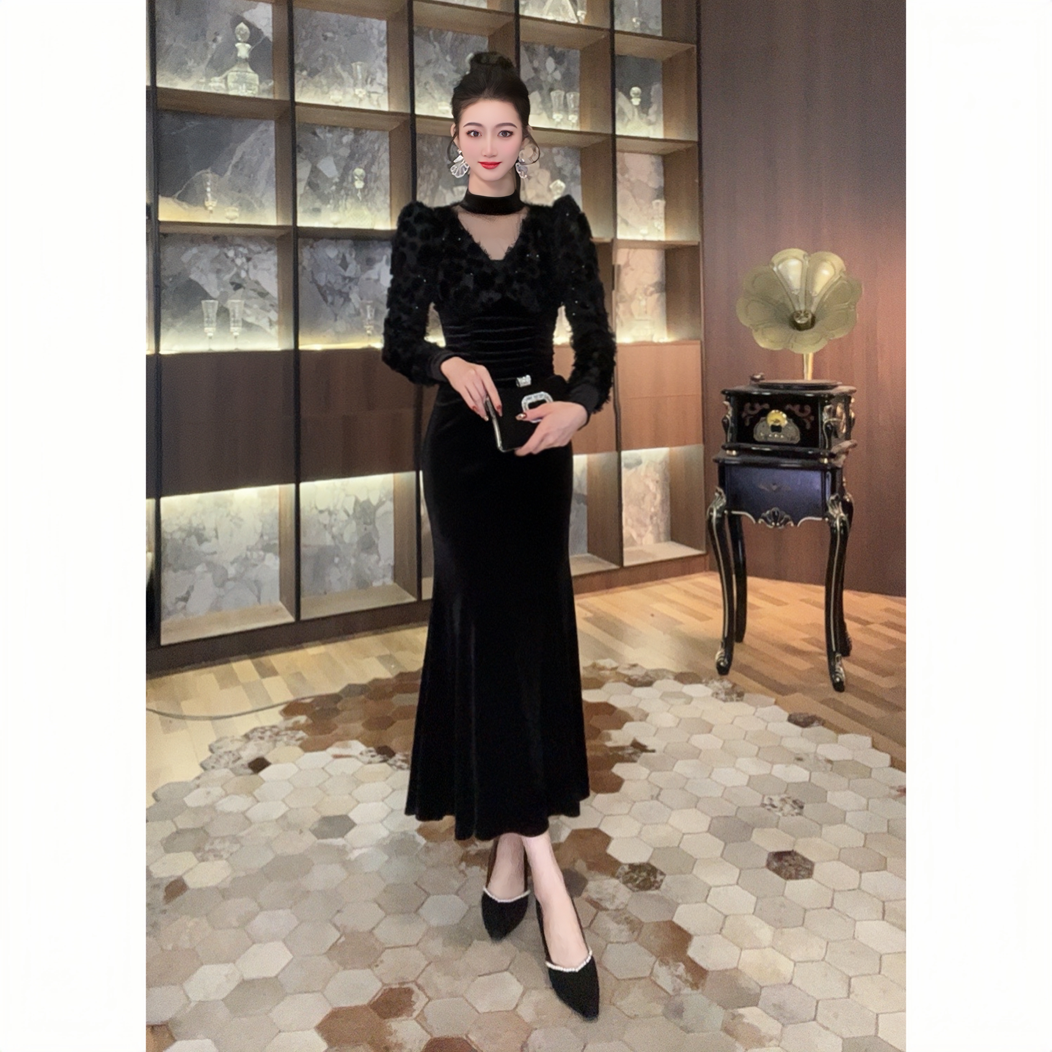 80344法式显瘦气质长袖黑色复古收腰修身名媛设计师宴会连衣裙