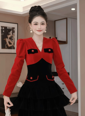 22034 法式名媛御姐感拼色长袖连衣裙收腰显瘦千金风约会连衣裙女