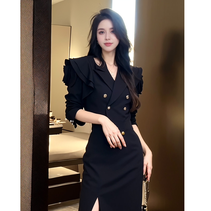 61092正式场合西装裙黑色秋款女装高端厅里厅气女神范设计连衣裙