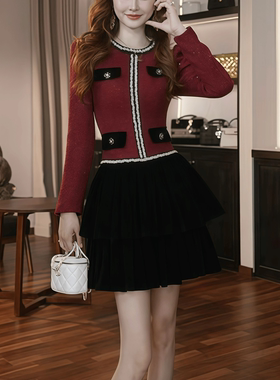 45495 轻奢高端大气小香风连衣裙过年穿超好看显瘦长袖红色连衣裙