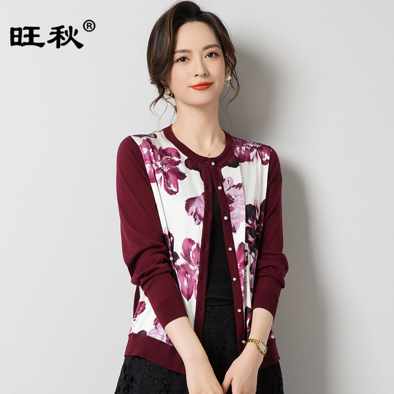 妈妈桑蚕丝针织开衫女复古印花拼接外搭薄款上衣圆领真丝休闲外套