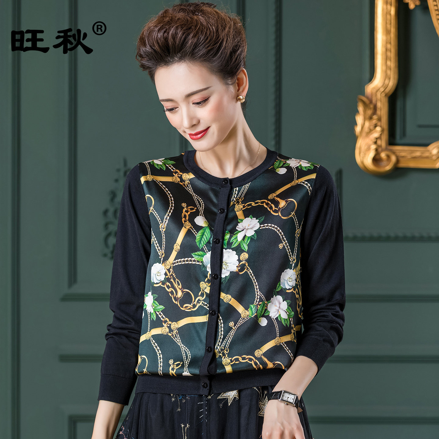 中老年拼接桑蚕丝针织开衫薄印花上衣春夏秋三季妈妈装真丝短外套