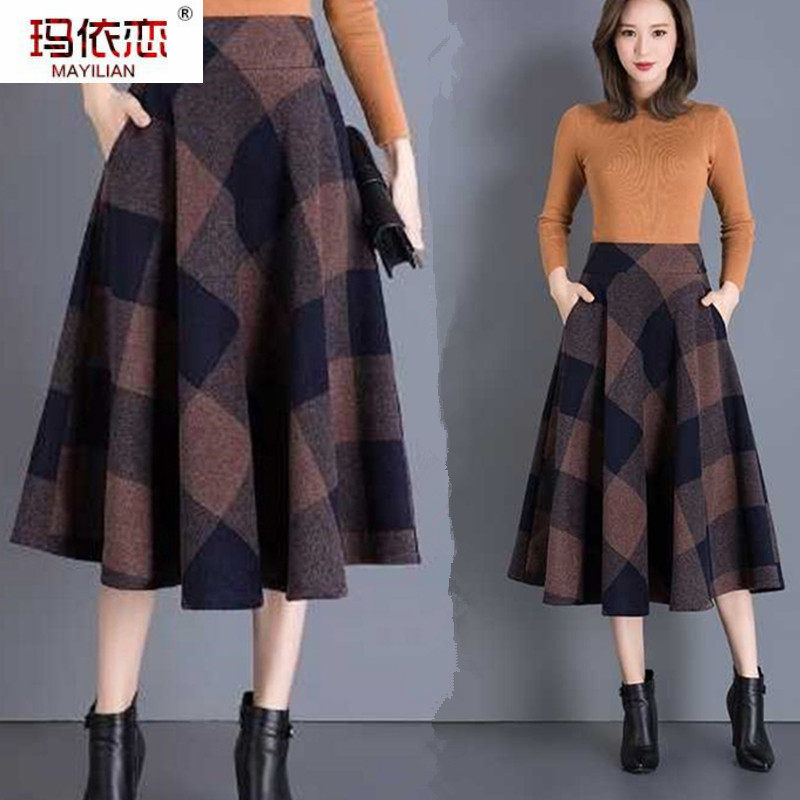 2020春秋冬季新款大格子毛呢半身裙大码高腰中裙修身显瘦大摆裙子
