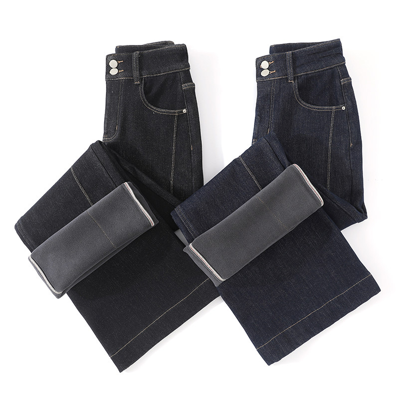 加绒牛仔裤女加长高腰梨形身材大码200斤显瘦窄版阔腿裤加肥加大