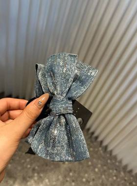 实拍  韩国edito同款做旧牛仔亮片布艺蝴蝶结抓夹发饰