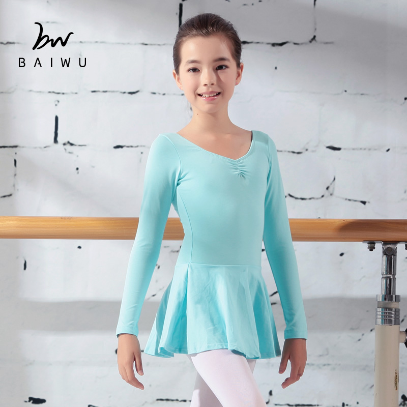 柏屋舞蹈新款芭蕾少儿长袖连体带裙儿童练功形体服演出女孩棉莱卡