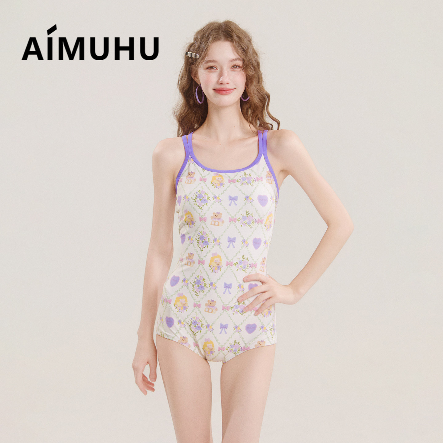 AIMUHU可爱软熊平角连体泳衣女小胸性感显瘦运动保守露背专业泳装
