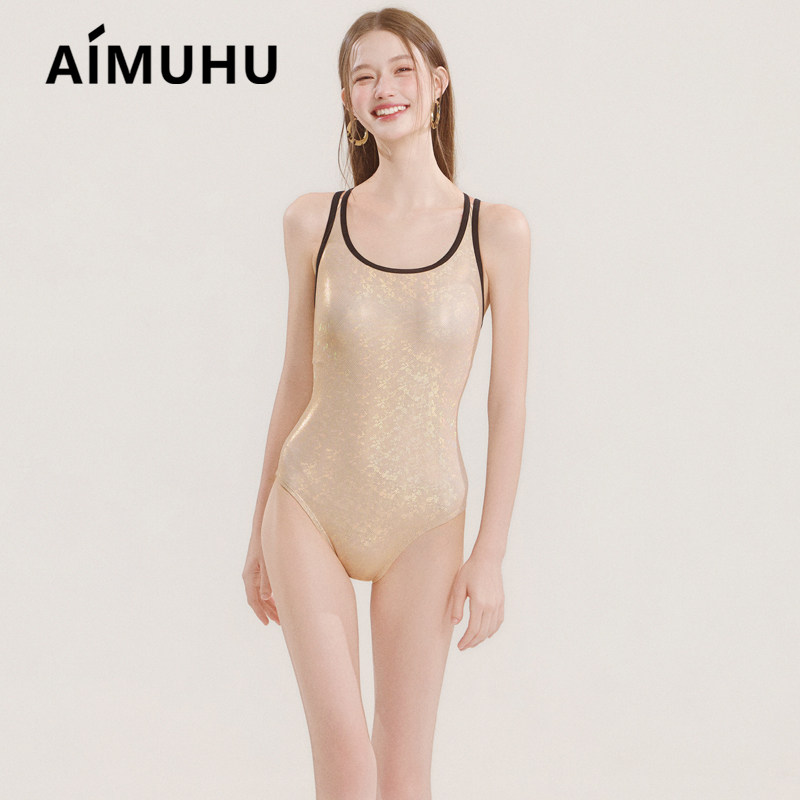 AIMUHU香槟金亮片竞速连体泳衣女小胸性感显瘦露背保守竞技泳装
