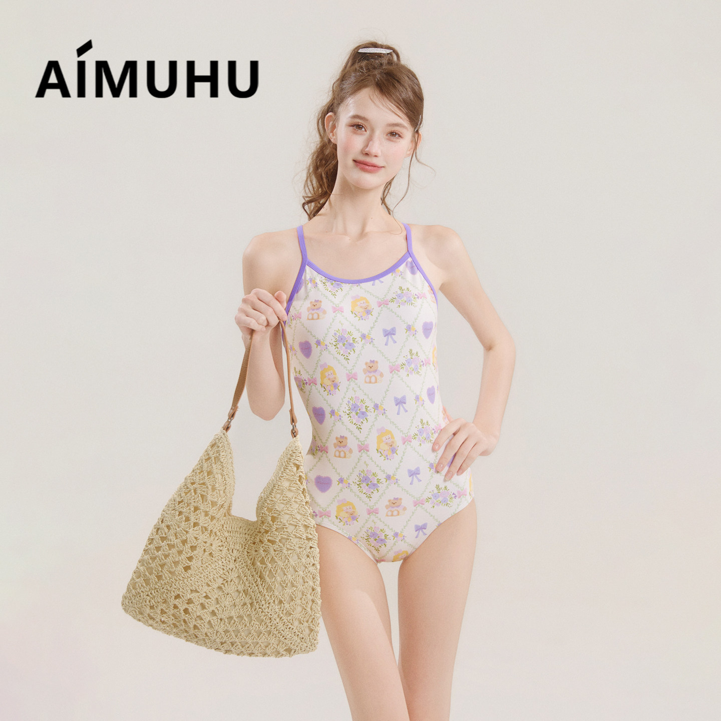 AIMUHU可爱小粉熊竞速连体泳衣女小胸性感显瘦露背运动专业泳装