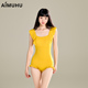AIMUHU黄色花边运动连体泳衣女性感显瘦露背冲浪休闲泳装 水上乐园