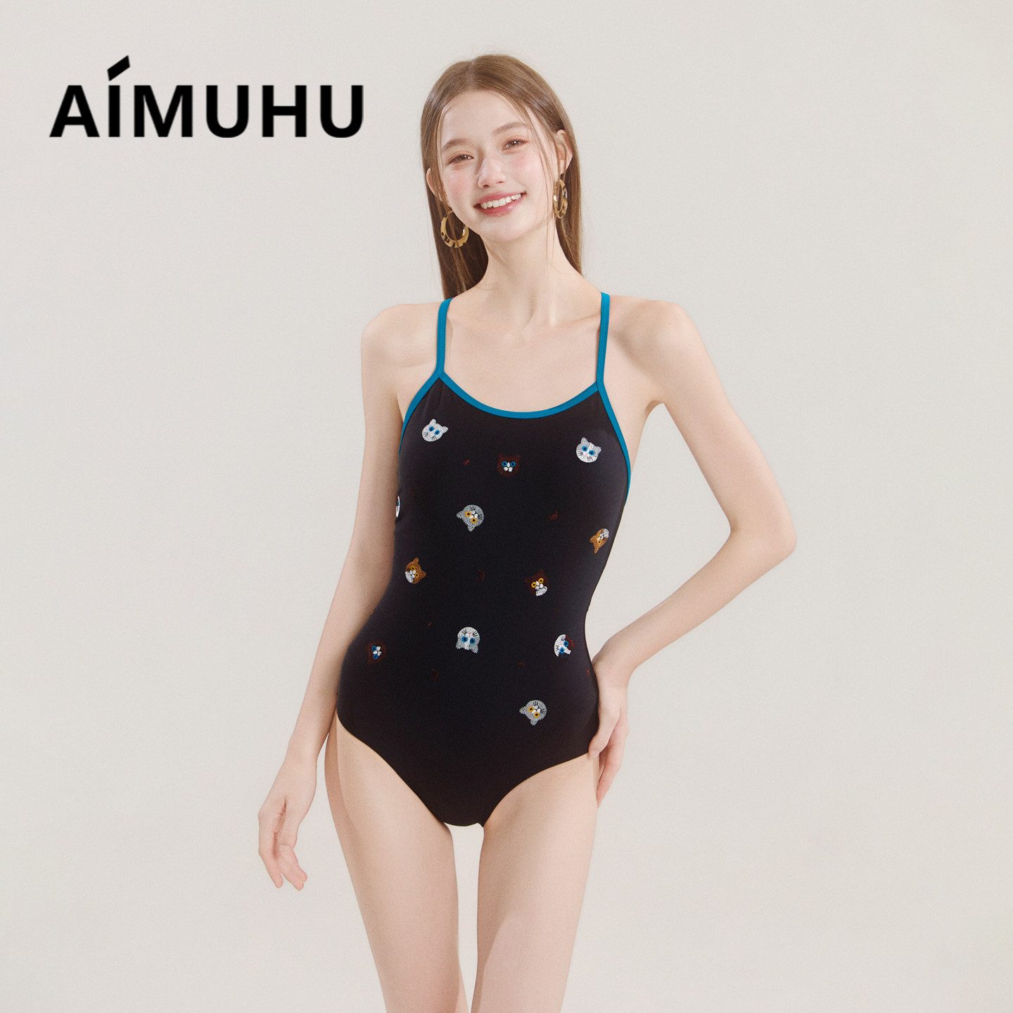 AIMUHU可爱午夜猫咪刺绣竞速连体泳衣女性感显瘦运动露背专业泳装