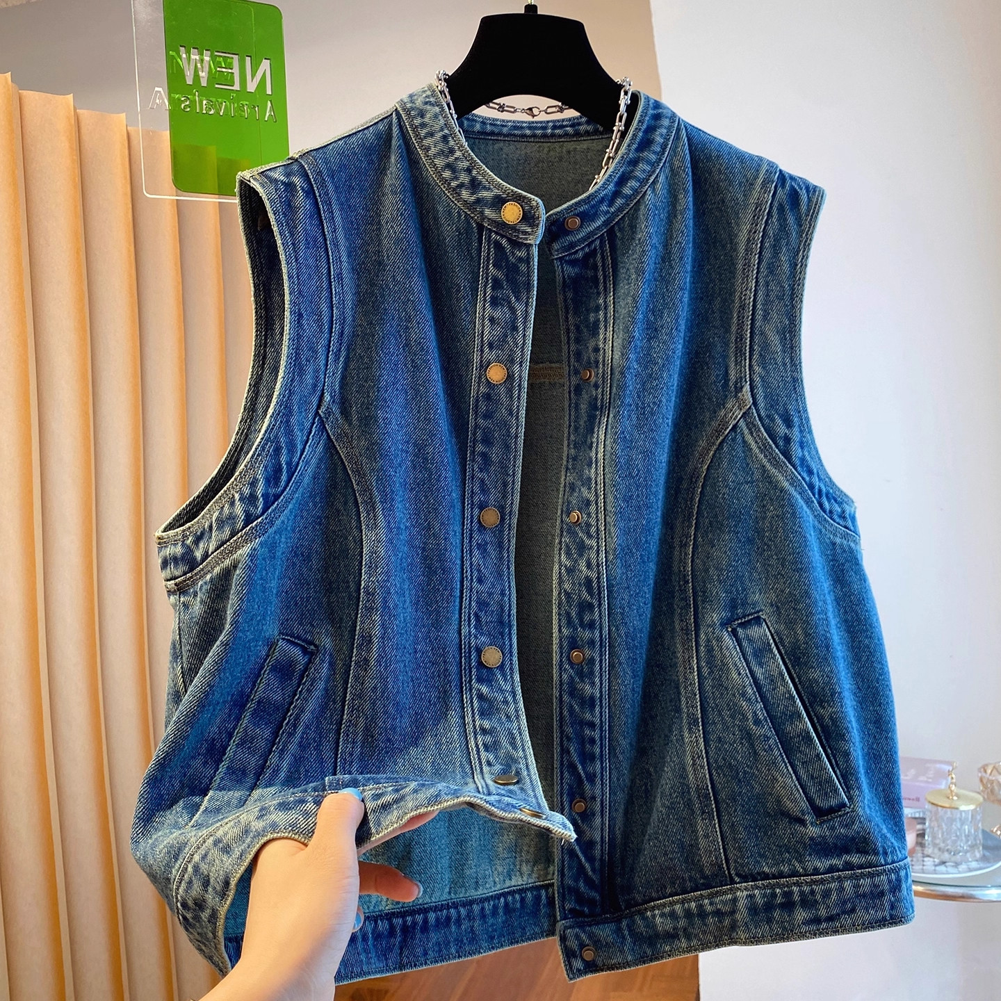 大码300斤宽松百搭圆领无袖单排扣牛仔马甲男女春秋坎肩背心外套2