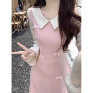 粉色蝴蝶结娃娃领毛呢连衣裙女冬季中长款微胖MM收腰显瘦A字裙子