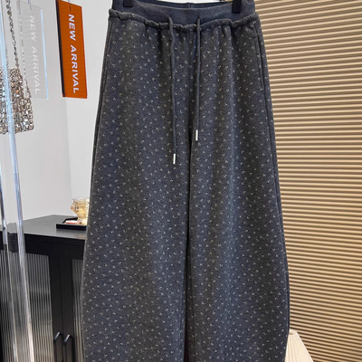 特大码300斤小众设计碎花拼接抽绳松紧腰休闲裤女冬装保暖弯刀裤