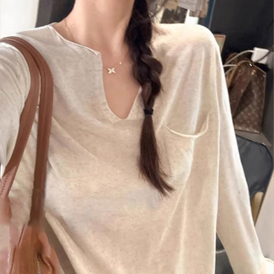 老钱风松弛感防晒罩衫女冰丝针织上衣夏季宽松V领外搭轻薄长袖T恤