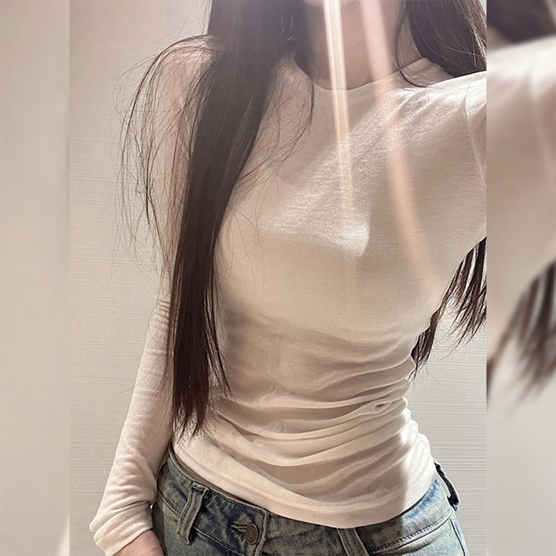 韩系正肩紧身长袖T恤女辣妹白色圆领内搭衣内搭上衣1023r