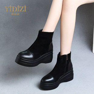 靴黑色真皮磨砂坡跟单靴 松糕厚底增高时装 高跟马丁靴女春秋季 新款