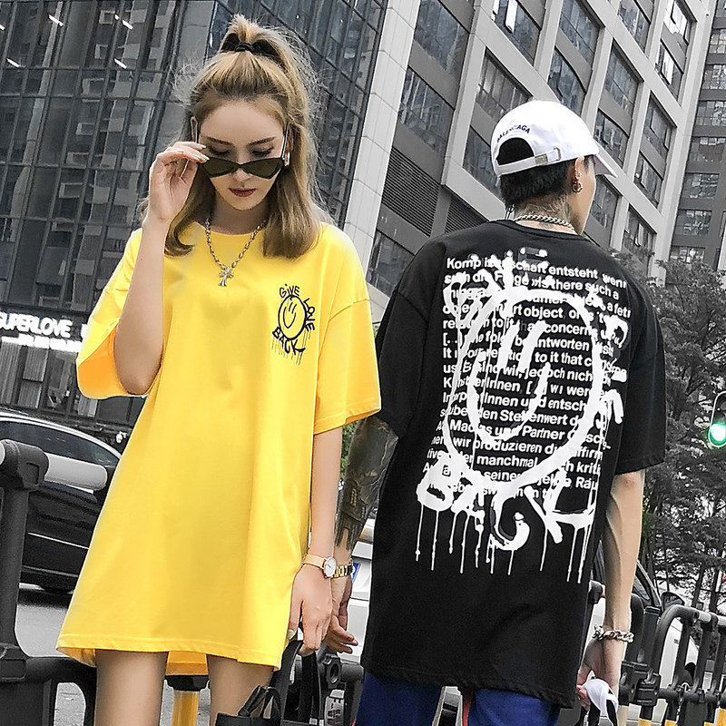 Freamve初爱笑脸一二代印花潮牌T恤男圆领宽松体恤情侣装嘻哈短袖