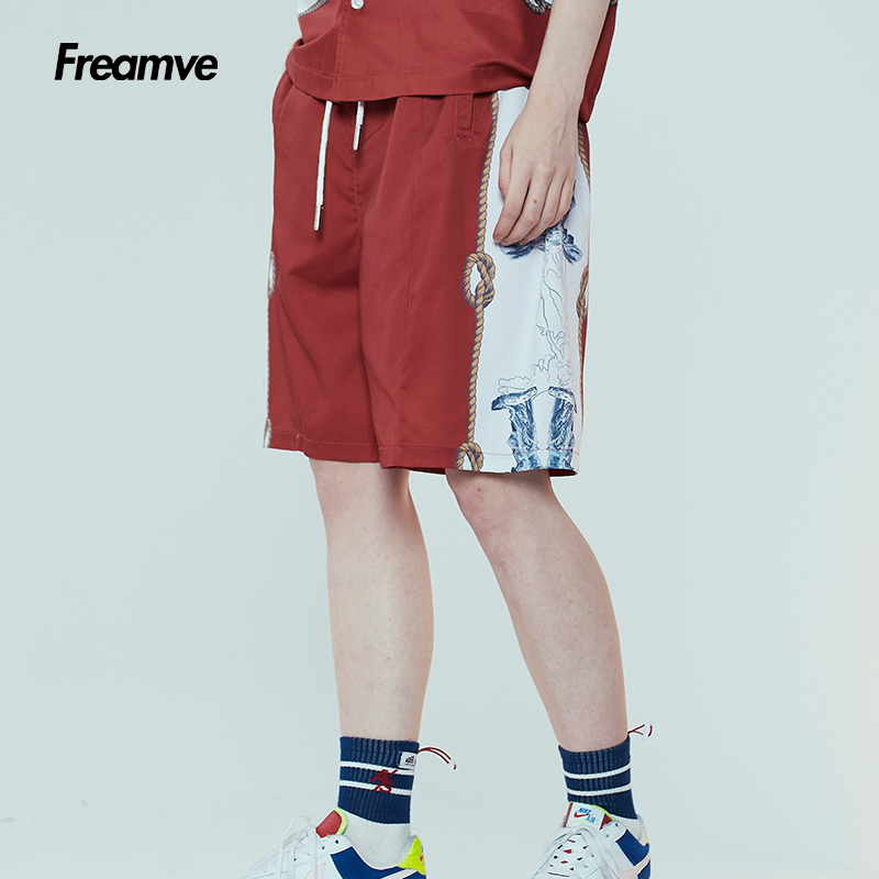 Freamve航海胜利女神像印花休闲短裤夏装情侣装沙滩度假潮牌嘻哈