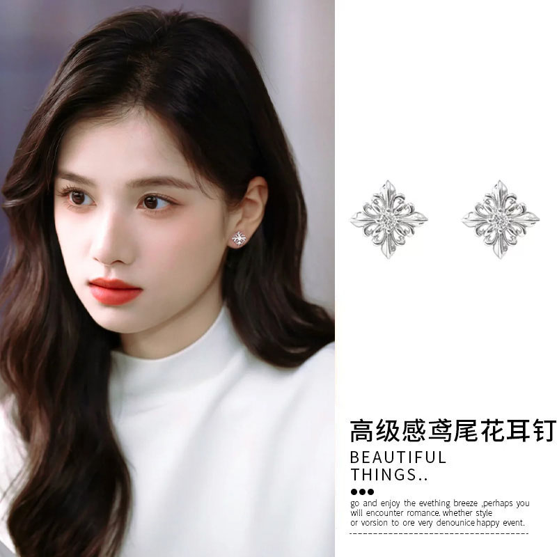 银色鸢尾花耳钉女新款爆款高级感图片