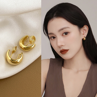 轻奢高级感小众方圆脸艺术生耳饰 复古金色蚊香盘耳夹女无耳洞新款