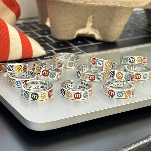 彩色m豆S925纯银开口戒指