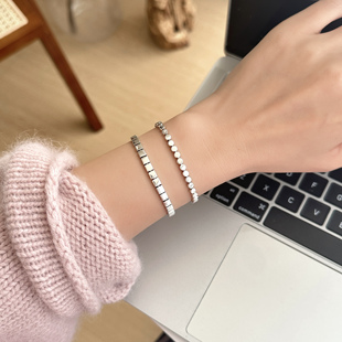 MISS 简约百搭女S925银扁豆方块光面拼接手链 JOJO韩国ins风时尚