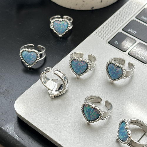 蓝欧泊石桃心S925纯银戒指