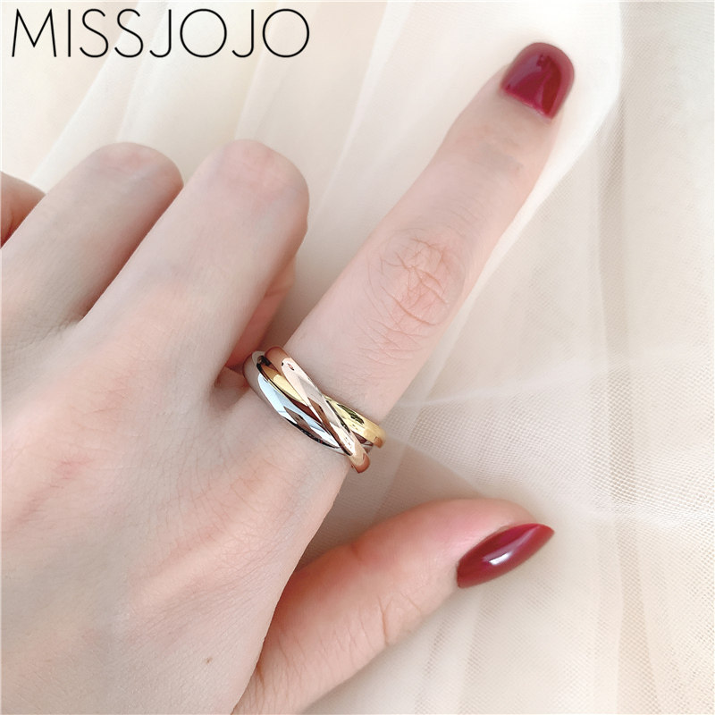 MISS JOJO镀金中性情侣男女同款三环三色相扣钛钢戒指环对戒子