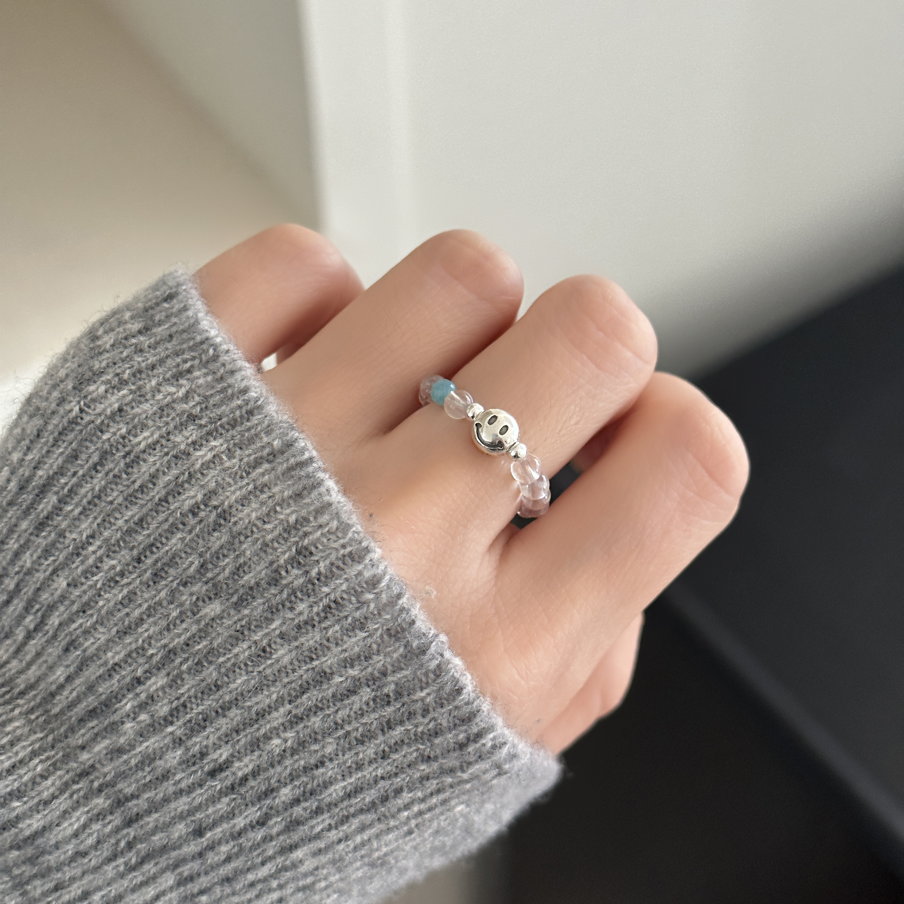 MISSJOJO白水笑脸弹力绳银戒指