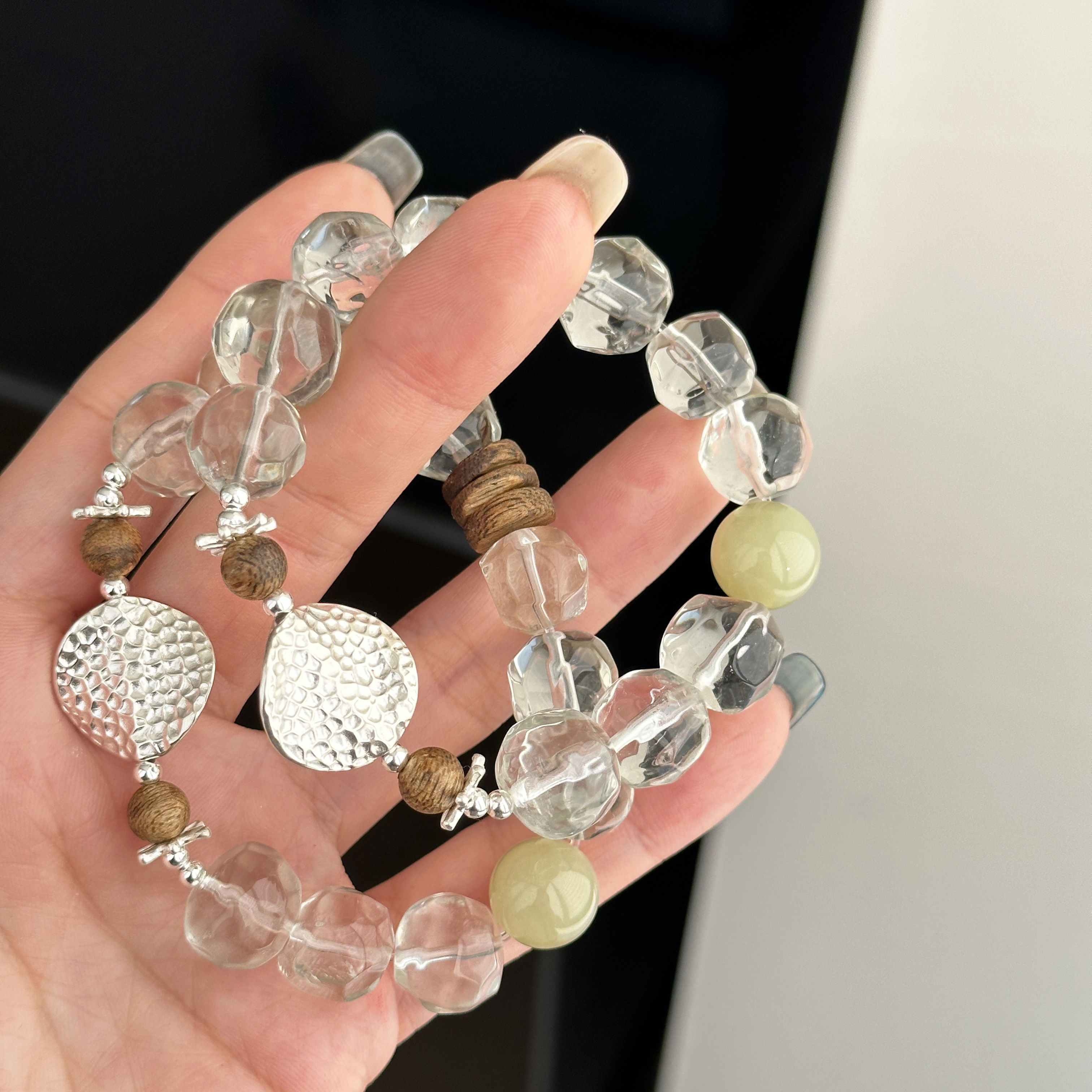 MISS JOJO【薄荷沙冰】原创设计绿珠珠锤纹纯银弹力绳手链,饰品/流行首饰/时尚饰品新,银饰手链,淘宝优惠券,粉丝福利购,淘宝优惠卷