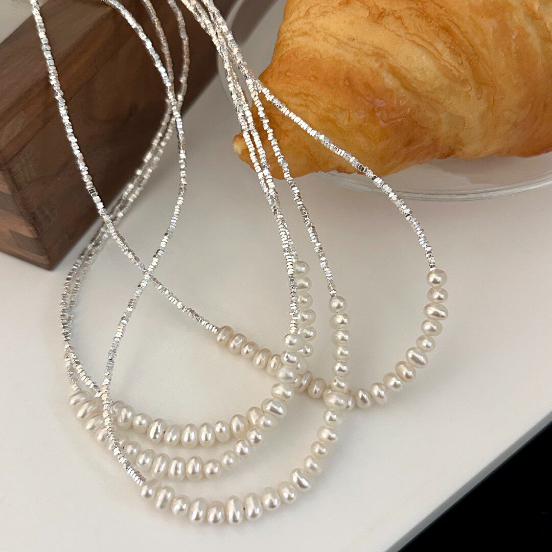 MISS JOJOins风简约个性碎银夹珠珠纯银项链女气质毛衣链