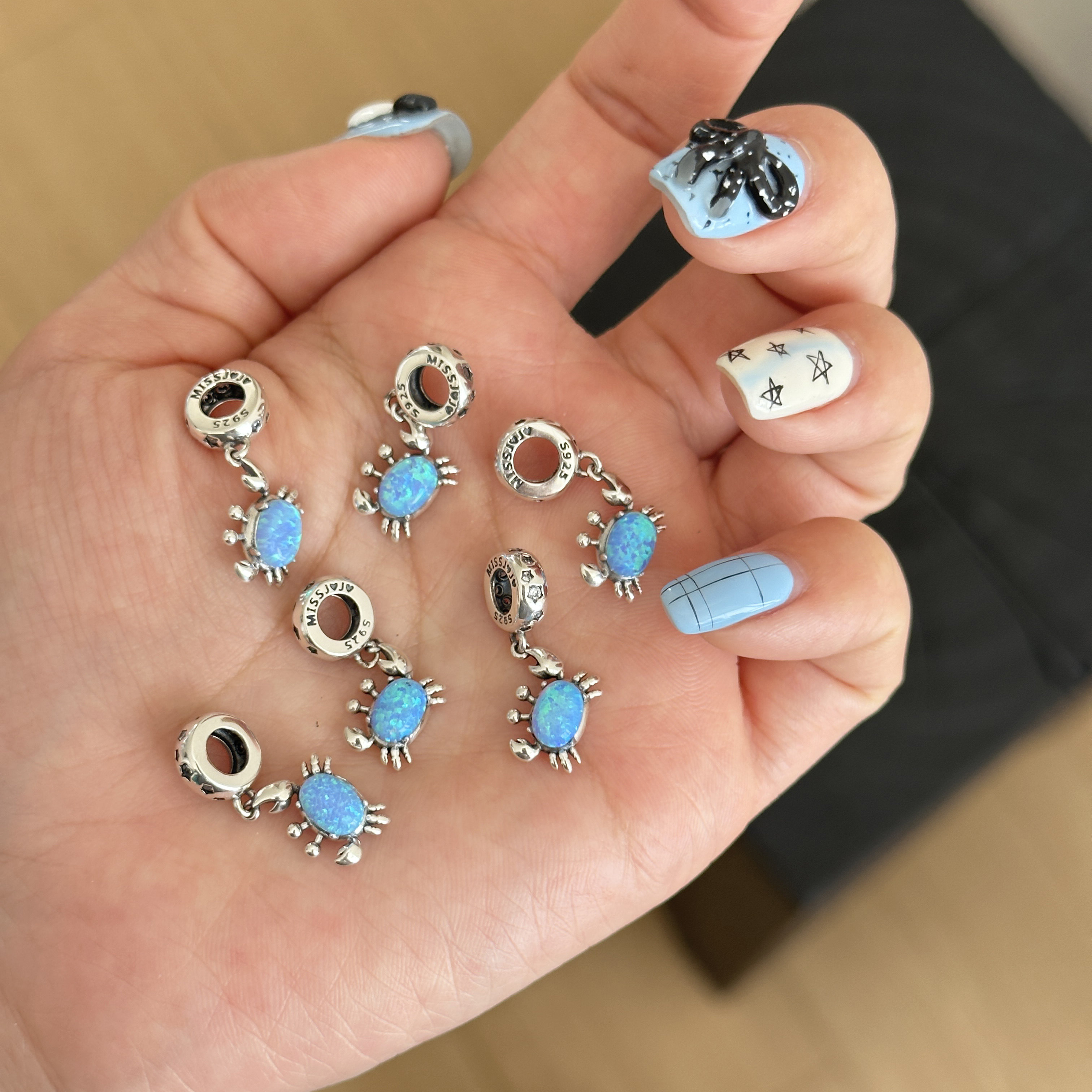 MISS JOJO原创设计时尚简约百搭蓝色螃蟹串珠S925纯银吊坠