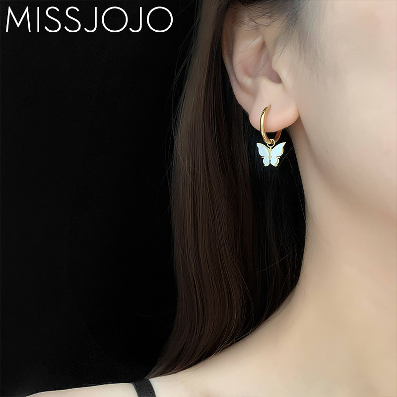 欧美ins冷淡风气质简约天然白贝母贝壳蝴蝶钛钢镀18K金色耳环耳钉